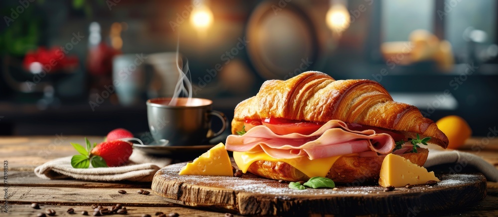 Poster croissant sandwich with ham and cheese and take away coffee cups on wooden table. with copy space im