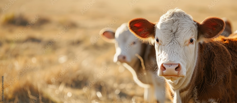 Poster Beef cow and young calf looking at camera in a dry grassy field. with copy space image. Place for adding text or design
