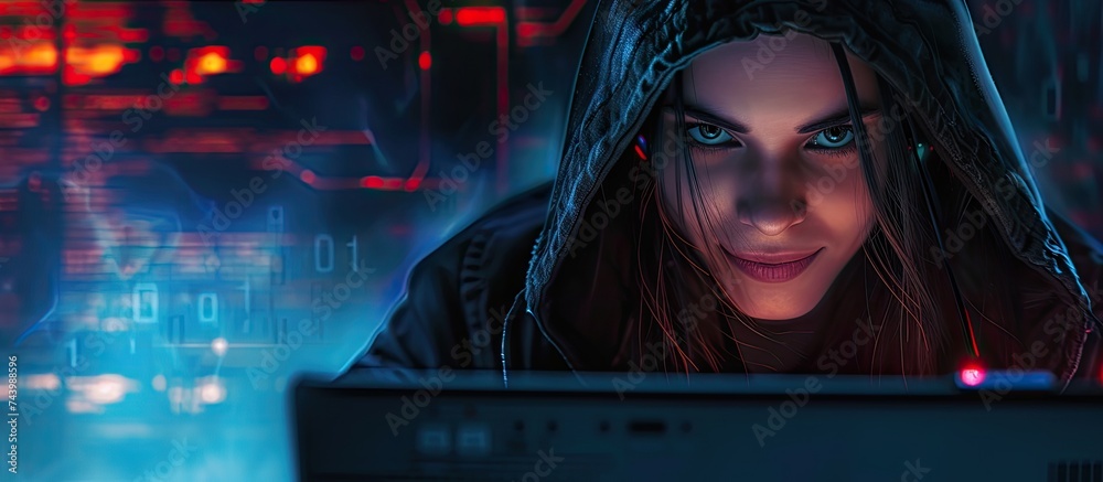 Poster female hacker staring at the screen smiling sitting in front of computer and laptop thinking how to fraud. with copy space image. Place for adding text or design