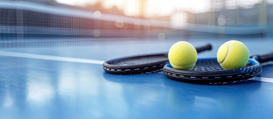 Two table tennis or ping pong rackets and balls on a blue table with net shallow DOF focus on rackets. with copy space image. Place for adding text or design - obrazy, fototapety, plakaty