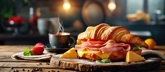 croissant sandwich with ham and cheese and take away coffee cups on wooden table. with copy space image. Place for adding text or design - obrazy, fototapety, plakaty
