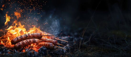 Grilling sausages over a campfire Grilling food over flames of bonfire on wooden branch stick spears in nature at night Scouts way of preparing food Campfire in the garden. with copy space image - obrazy, fototapety, plakaty