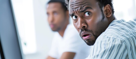 Mad African American young male employee look at laptop screen having operational software problems angry biracial man worker work in office annoyed with slow Internet connection on computer - Powered by Adobe