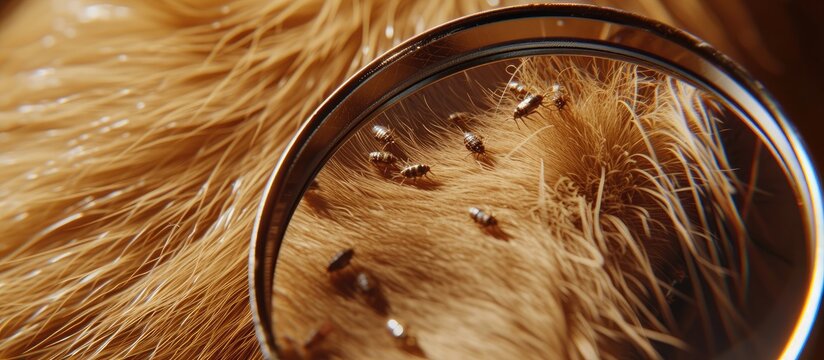 Close up of magnifying glass focusing on fleas on dog fur. with copy space image. Place for adding text or design