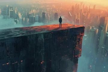Deurstickers Man Standing on Cliff Overlooking City © Vit