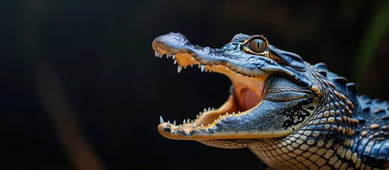 Foto op Canvas A crocodile lies with its mouth open an amphibian a scary animal Thai crocodile Asian crocodile. with copy space image. Place for adding text or design © vxnaghiyev
