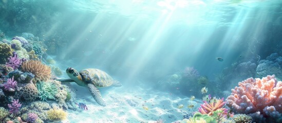Enchanting sight turtle gracefully navigating coral realms a serene underwater duet where marine wonders and ancient beauty unite in tranquil harmony. with copy space image