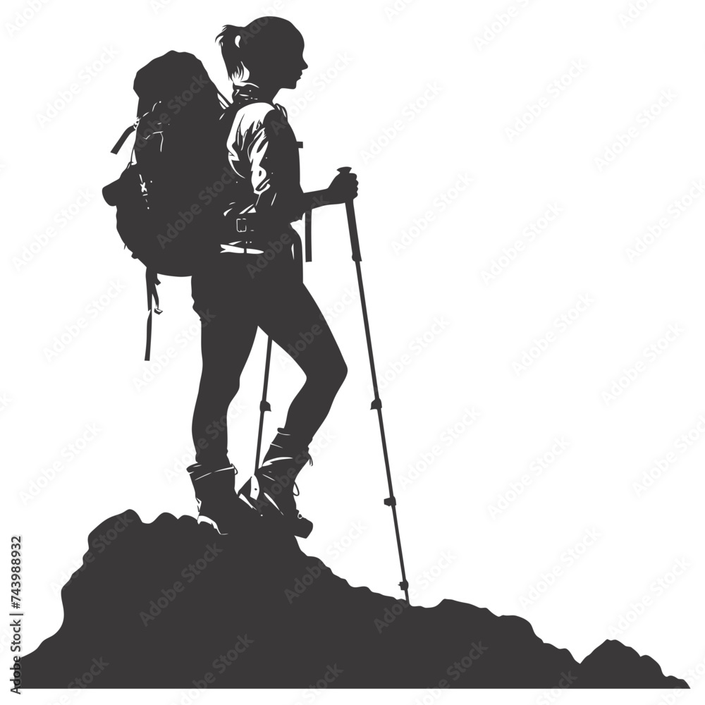 Wall mural Silhouette hiking woman black color only full body