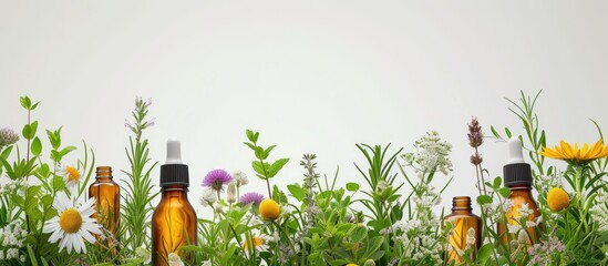 Medicinal herbs and tinctures alternative medicine Selective focus Nature. with copy space image. Place for adding text or design - obrazy, fototapety, plakaty