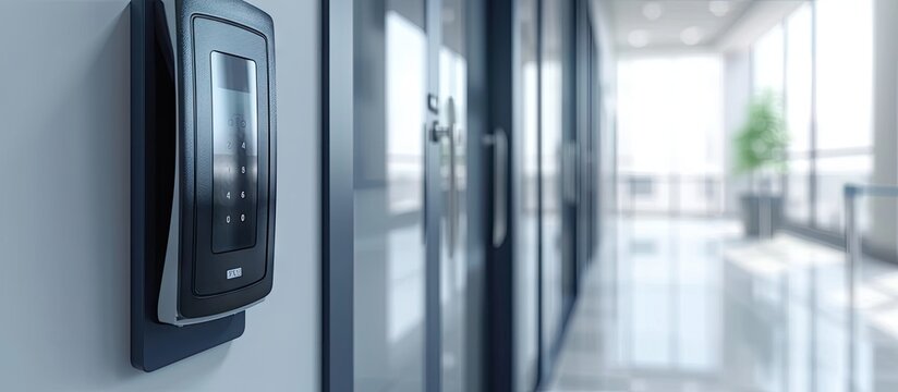 Finger print scan access control system machine on wall near entrance door office security door and recorded work officers working time. with copy space image. Place for adding text or design