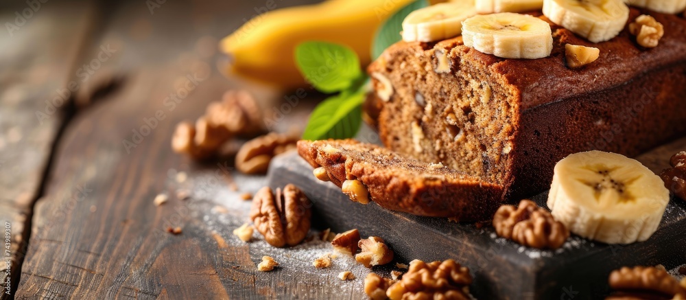 Fototapete Sliced banana bread with a walnuts nuts. with copy space image. Place for adding text or design