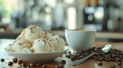Ice cream with coffee coffee beans decor