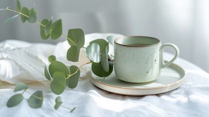 Eucalyptus plant sprig and a cup with plate in Boho style on white background