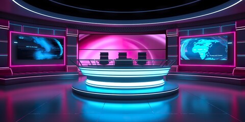 minimalistic design Studio interior for news broadcasting, vector empty placement with anchorman table on pedestal, digital screens for video presentation and neon glowing illumination. Realistic 3d - obrazy, fototapety, plakaty