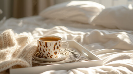 Fototapeta na wymiar A coffee cup with a tiger print on a tray in a white bed