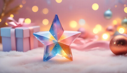 Crystal clear star gift colorful pastel with blurred bokeh. Valentine or Christmas background. banner