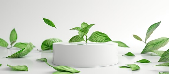 Cylinder podium in green color arranged with a white podium and fish mint leaves The anti inflammatory properties of fish mint make it a great natural remedy for a variety of ailments - obrazy, fototapety, plakaty