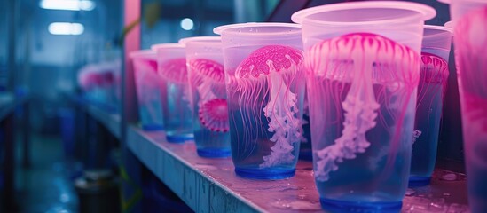 Plastic buckets containing jellyfish are in a seafood processing plant in North China. with copy space image. Place for adding text or design - obrazy, fototapety, plakaty
