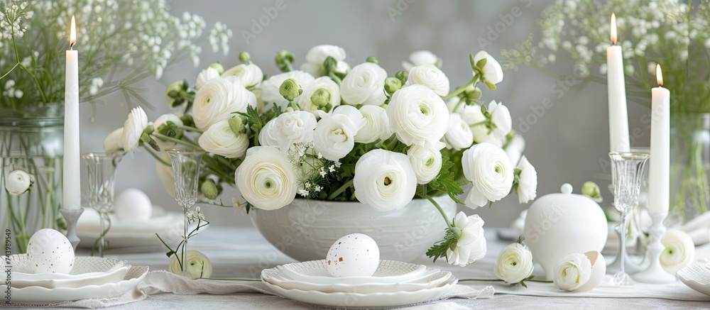 Aufkleber bouquet of white ranunculus flowers persian buttercup flowers and easter table decoration with goose