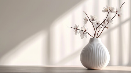 Minimalist modern white vase with cherry blossom twigs on the wood table interior decor - obrazy, fototapety, plakaty