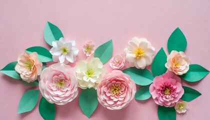 pastel paper flowers on pink background top view flat lay