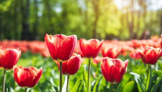 flower bed of red beautiful tulips green lawn beautiful spring tulips flowers in park sunny day copy space for text image