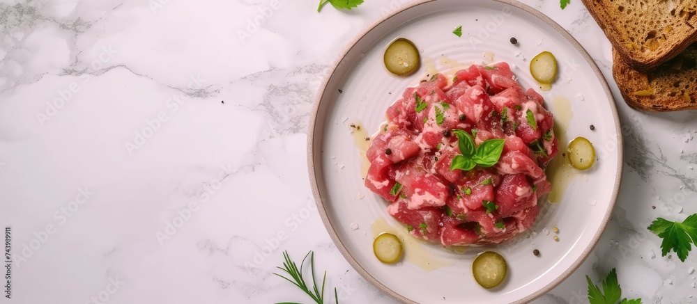 Poster Cooking savory beef tartare with pickled gherkins and brown bread toasts Flat lay with copy space. with copy space image. Place for adding text or design