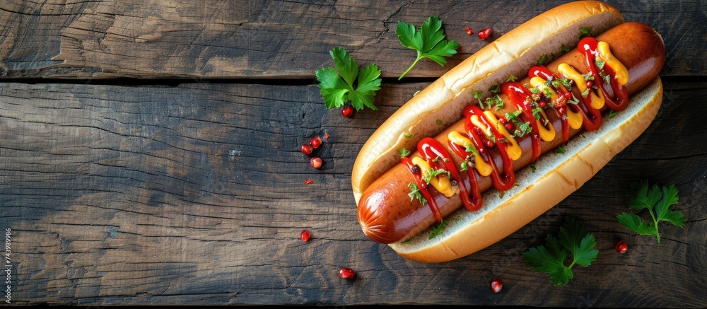 Poster tasty hot dog on wooden table. with copy space image. place for adding text or design