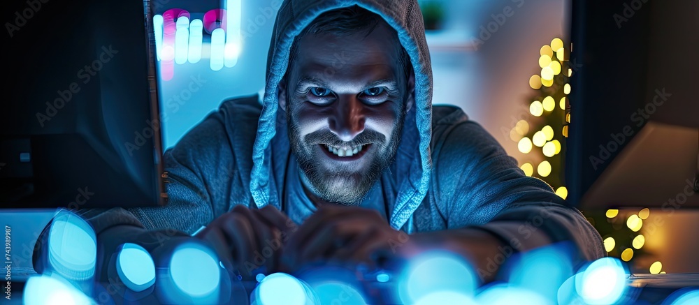 Poster Cyber scammer feeling happy about hacking security system success in stealing big data at office Coding virus to create malware and break into database servers using multiple monitors