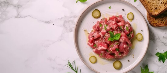 Cooking savory beef tartare with pickled gherkins and brown bread toasts Flat lay with copy space. with copy space image. Place for adding text or design