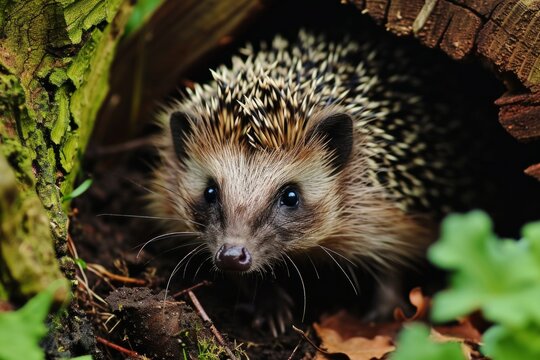 Erizo curioso asoma de su madriguera en la naturaleza