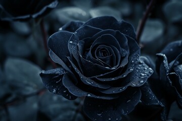 a black rose covered in dew drops on a dark natural background