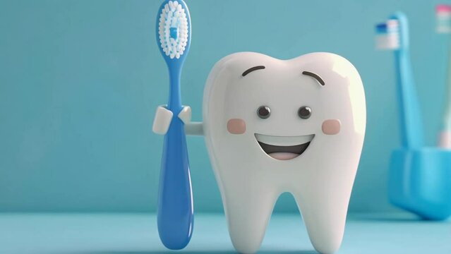 Cute white cartoon tooth hold toothbrush with paste in bathroom. Healthy teeth concept. Art illustration. People care about mouth hygiene. Morning and evening routine. Dental health. Blue background.