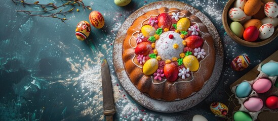high angle view of a traditional Spanish mona de pascua a cake eaten on Easter Monday ornamented with hard boiled eggs on a table next to a plate with some flour and a vintage white handled kni - obrazy, fototapety, plakaty