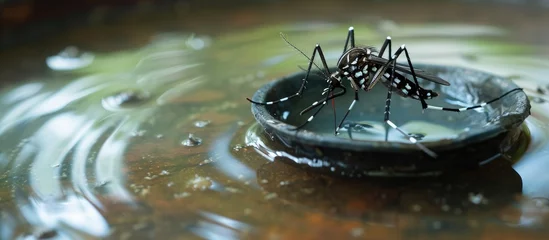 Foto auf Leinwand abandoned plastic bowl in a vase with stagnant water inside close up view mosquitoes in potential breeding proliferation of aedes aegypti dengue chikungunya zika virus mosquitoes © vxnaghiyev