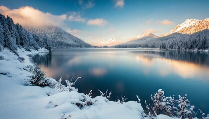 fantastic morning view beautiful lake dramatic wintry scene of nature concept background