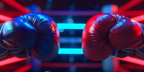 Bold red and cobalt blue boxing gloves stand out in the competitive ring. Concept Sports, Boxing, Gear, Competition, Colors - obrazy, fototapety, plakaty
