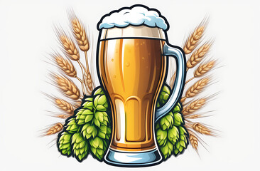 Logo, mug with beer bunch of hops and wheat, illustration