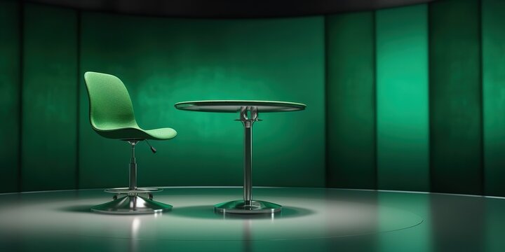 minimalistic design table and chair in news studio room with the green background