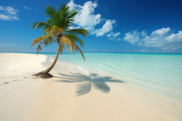 Fototapeta na wymiar A tropical beach with clear turquoise water, white sand, and a lone palm tree casting a shadow