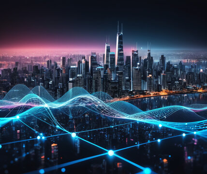 Smart city and abstract dot point connect with gradient line and aesthetic Intricate wave line design , big data connection technology concept