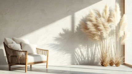 Beautiful shades of neutral pampas grass and reeds makes for an aesthetic background with sunlight casting shadows on the wall giving