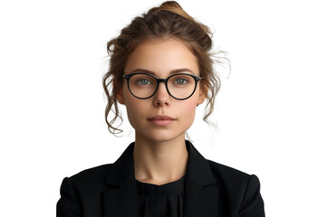 A woman psychiatrist wearing a black suit and glasses, looking calm and professional. This PNG file, with an isolated cutout object on a transparent background - obrazy, fototapety, plakaty