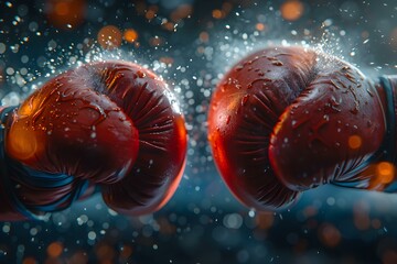 Closeup shot of boxing gloves colliding with power and intensity. Concept Boxing Gloves, Intense Moment, Close-up, Power, Dynamic Movement - obrazy, fototapety, plakaty