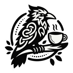 Raven with cup of coffee, logo design, celtic craw, vector illustration.