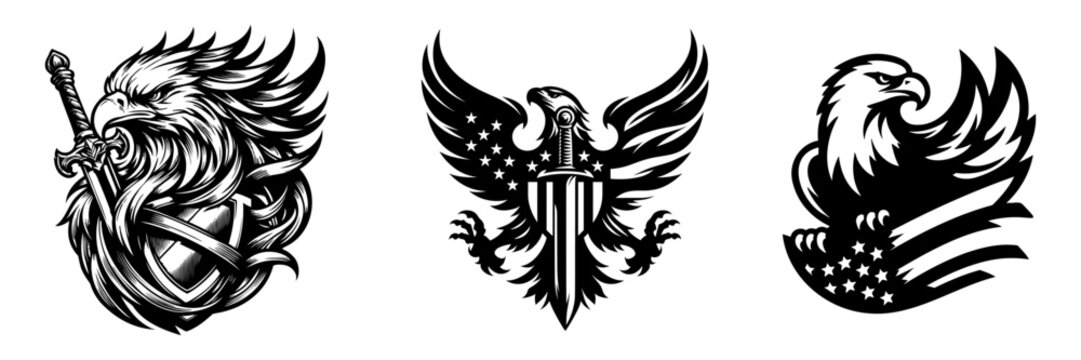 American bald eagle set, tribal tattoo and logo design, vector illustration.