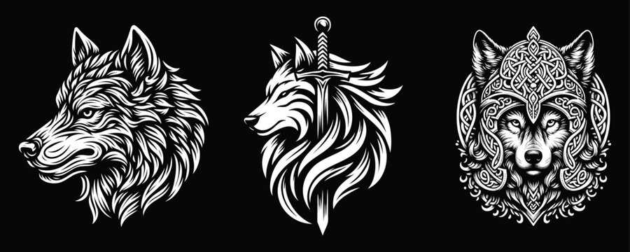 Set of tribal wolf, isolated on black background, vector illustration.