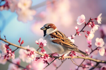Cute sparrow in spring garden with blossom tree, World Sparrow Day - 743994149