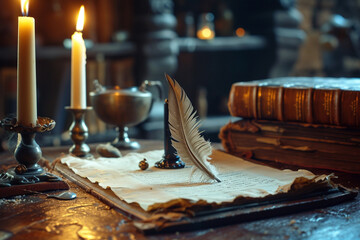 Quill and vintage writing table with candles, World Poetry Day