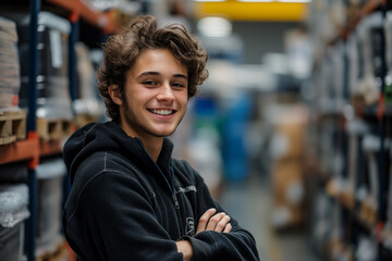 Smiling young trainee standing with arms crossed in warehouse at factory.